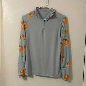 Blue Long Sleeve Top with Orange Print